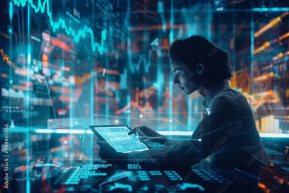 A dynamic scene of a young professional using a tablet to review financial data, with holographic graphs and charts floating around, symbolizing innovative financial planning in a high-tech office A dynamic scene of a young professional using a tablet to review financial data, with holographic graphs and charts floating around, symbolizing innovative financial planning in a high-tech office