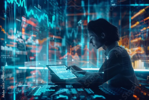 A dynamic scene of a young professional using a tablet to review financial data, with holographic graphs and charts floating around, symbolizing innovative financial planning in a high-tech office