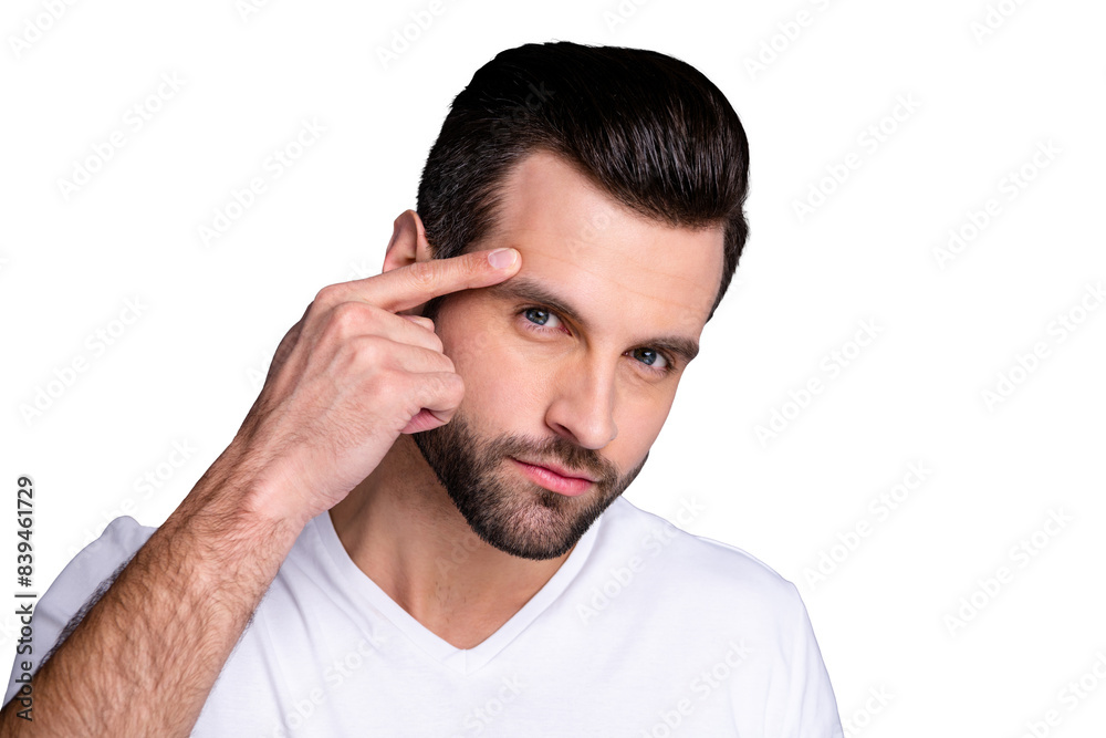 Close up photo amazing he him his macho perfect appearance touch hand temple not sure good quality stylist work not smiling look mirror bath shower wear casual white t-shirt isolated grey background Close up photo amazing he him his macho perfect appearance touch hand temple not sure good quality stylist work not smiling look mirror bath shower wear casual white t-shirt isolated grey background
