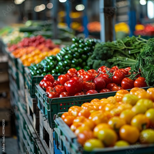 An assortment of fresh vegetables including tomatoes, bell peppers, and greens displayed on a market stand in a bustling market.