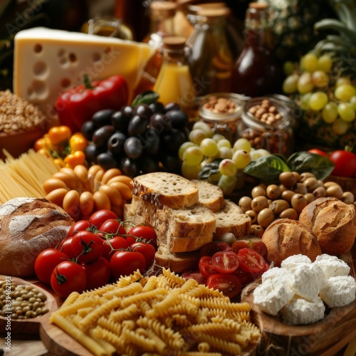 Assorted gourmet food items including bread, cheese, pasta, fruits, and vegetables displayed on a table.