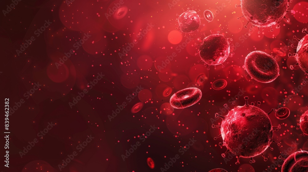 close up of a red and blue virus with red blood cells surrounding it. The red blood cells are scattered throughout the image, with some closer to the virus and others further away. close up of a red and blue virus with red blood cells surrounding it. The red blood cells are scattered throughout the image, with some closer to the virus and others further away.