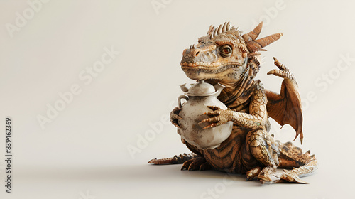 Dragon hugging a teapot, white background, 8K