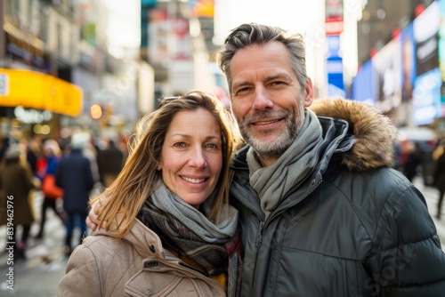 Portrait of a blissful caucasian couple in their 40s wearing a warm parka over busy urban street © Markus Schröder
