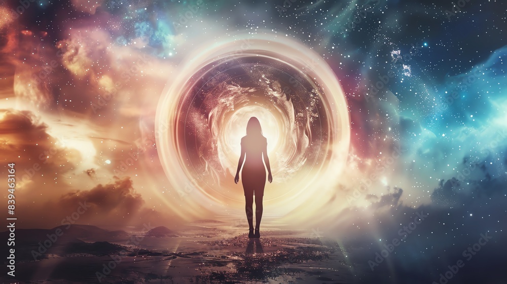 Ethereal scene of a person standing before a cosmic portal, surrounded by vibrant galactic lights and stars, evoking a sense of wonder and mystery. Ethereal scene of a person standing before a cosmic portal, surrounded by vibrant galactic lights and stars, evoking a sense of wonder and mystery.