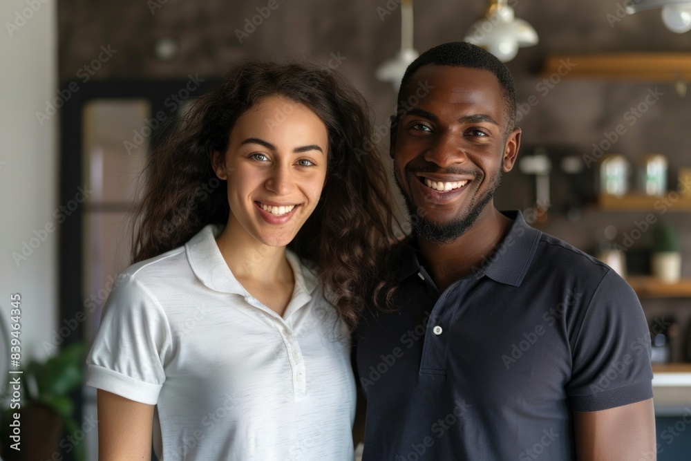 Portrait of a content multicultural couple in their 30s donning a classy polo shirt while standing against modern minimalist interior Portrait of a content multicultural couple in their 30s donning a classy polo shirt while standing against modern minimalist interior