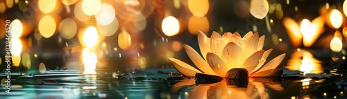 Tranquil lotus flower glowing at night, surrounded by magical bokeh lights on a serene water surface capturing peaceful beauty. photo