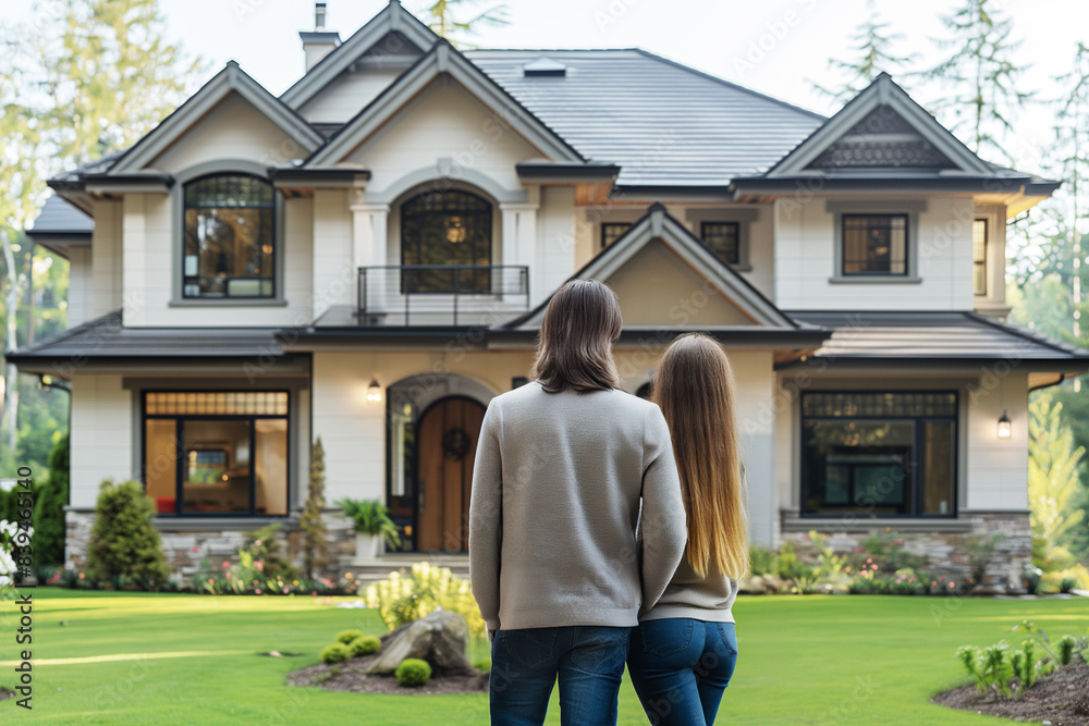 Obraz premium An elated couple admires their new Victorian-style home, embodying the joy of homeownership achievement