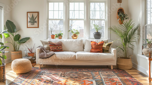 The living room has a sofa, carpet, and plants, creating a refreshing atmosphere