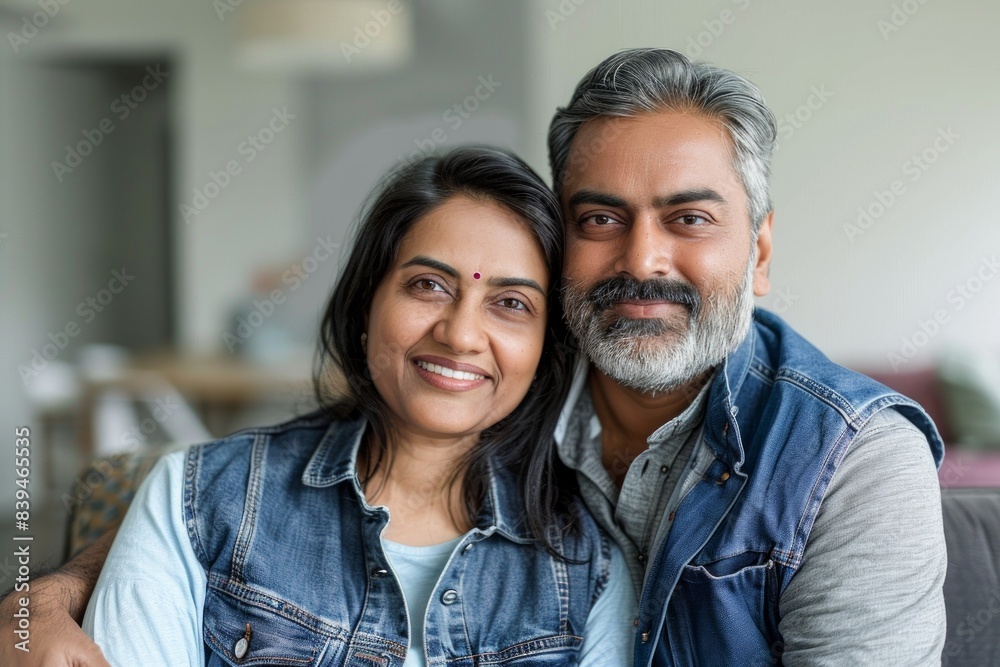 Portrait of a content indian couple in their 30s wearing a rugged jean vest in modern minimalist interior Portrait of a content indian couple in their 30s wearing a rugged jean vest in modern minimalist interior