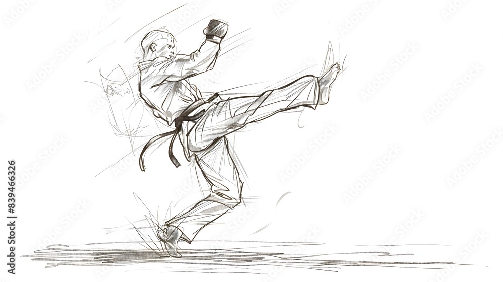 Martial Performing Dynamic Karate Kick in Monochrome Martial Performing Dynamic Karate Kick in Monochrome