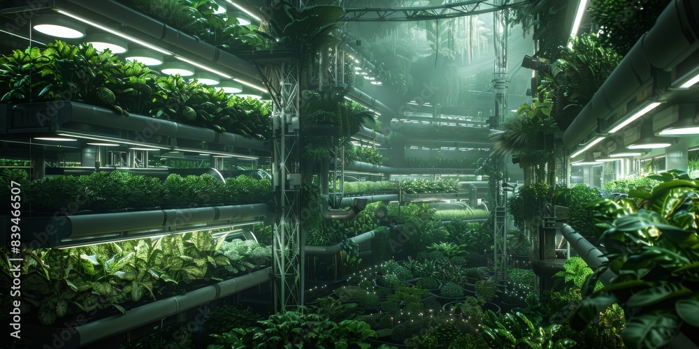 Lush indoor hydroponic garden with layers of vibrant green plants ...