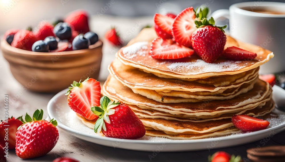 Stack of crepes, thin pancakes, russian bliny with strawberries
Stack of crepes, thin pancakes, russian bliny with strawberries