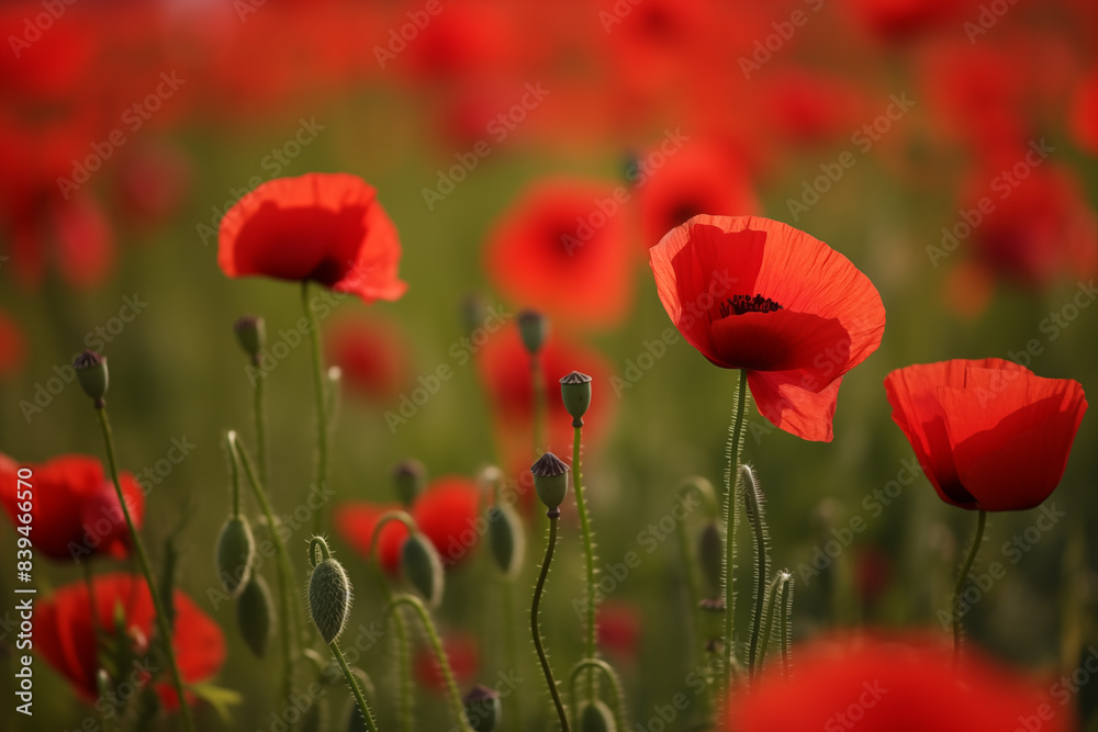 A view presents a realistic field of poppies, their coquelicot color illuminated by soft, natural lighting, creating a mesmerizing scene A view presents a realistic field of poppies, their coquelicot color illuminated by soft, natural lighting, creating a mesmerizing scene