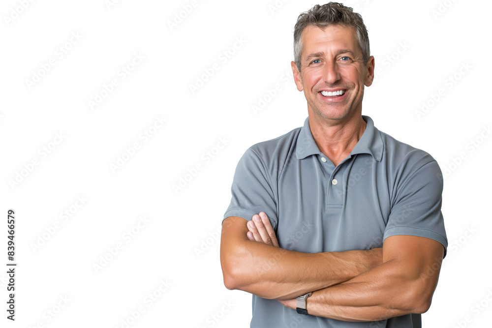 Smiling Middle-Aged Caucasian Man in a Gray Polo Shirt Smiling Middle-Aged Caucasian Man in a Gray Polo Shirt
