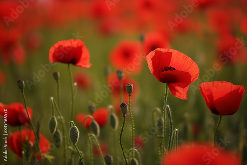 A view presents a realistic field of poppies, their coquelicot color illuminated by soft, natural lighting, creating a mesmerizing scene