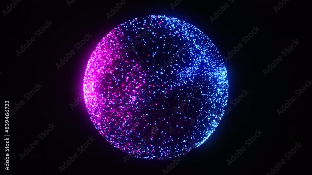 Vibrant glowing neon particle 3d sphere. Magic energy orb of blue and pink neon particles seamlessly rotating in the space. AI vistual assistant concept. Crystal ball. Technology, neural networks. 4k.