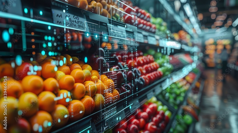 Modern grocery store produce section with vibrant fruits and vegetables, enhanced with digital technology for inventory management and shopping experience.