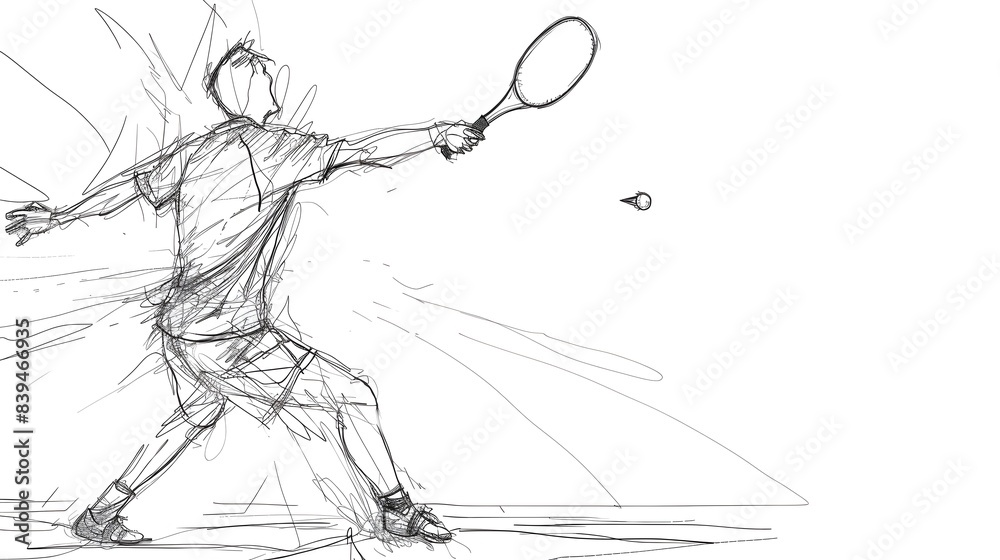 Minimalist Badminton Player Smashing Shuttlecock in Line Drawing Style