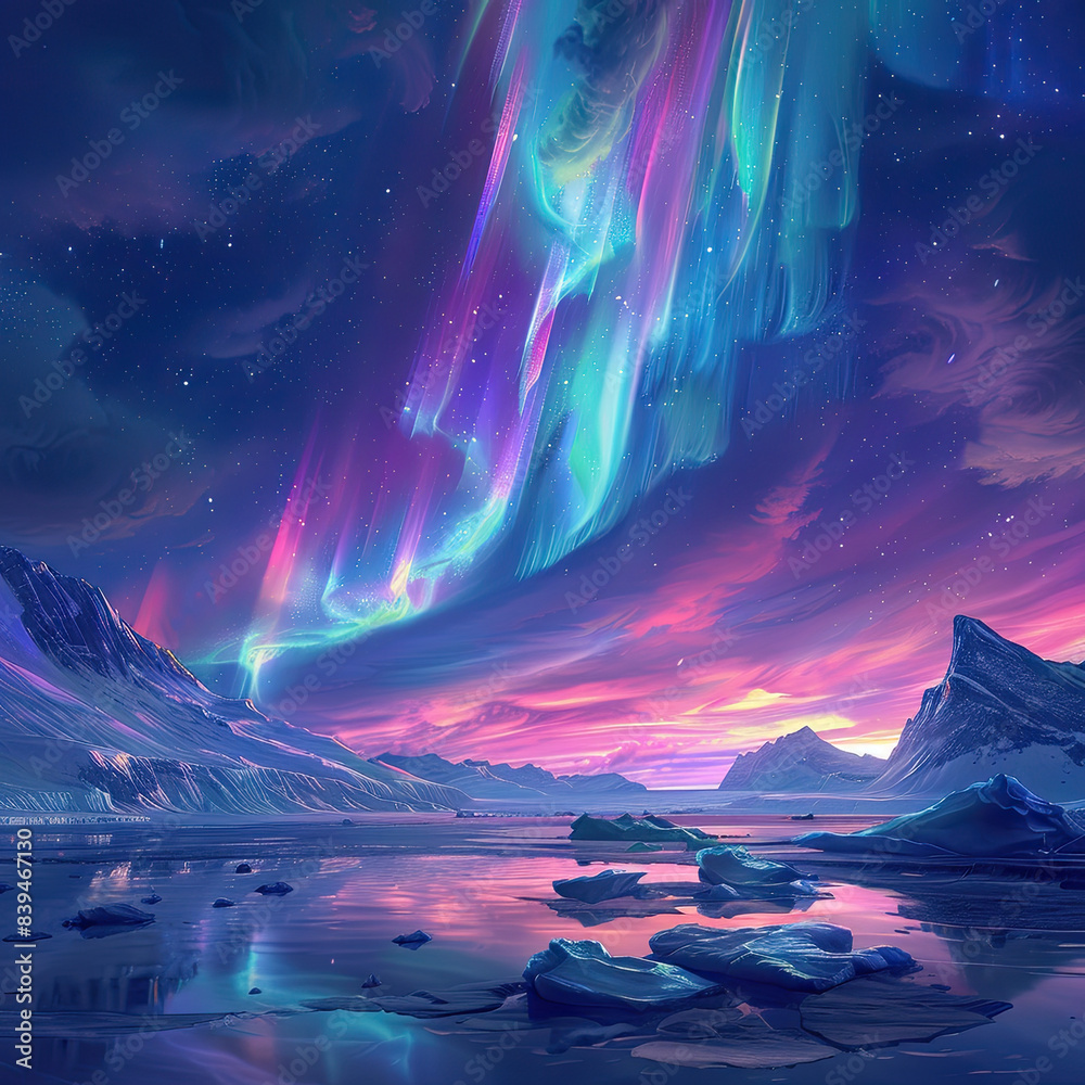 The photo shows a beautiful landscape with a starry sky, aurora borealis, and a frozen lake. The photo shows a beautiful landscape with a starry sky, aurora borealis, and a frozen lake.