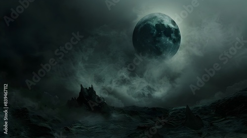 Haunting Nightscape with Ominous Crescent Moon Looming Over Desolate Rocky Terrain