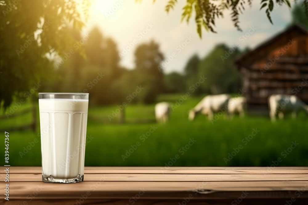 A glass of milk on a wooden countertop against the background of a cow farm and a grazing herd A glass of milk on a wooden countertop against the background of a cow farm and a grazing herd