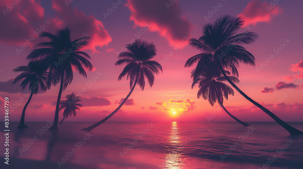 Tropical with silhouettes of palm trees on the beach, travel vacation and summer concept Tropical with silhouettes of palm trees on the beach, travel vacation and summer concept