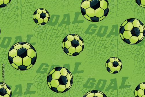 Abstract seamless football pattern with teenager lettering background in green colors. Soccer Ball ornament with lettering ornament for boy sport textile, clothes, wrapping paper