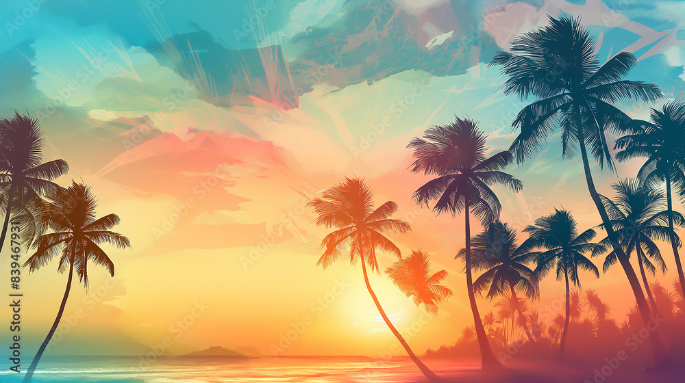Tropical with silhouettes of palm trees on the beach, travel vacation and summer concept Tropical with silhouettes of palm trees on the beach, travel vacation and summer concept