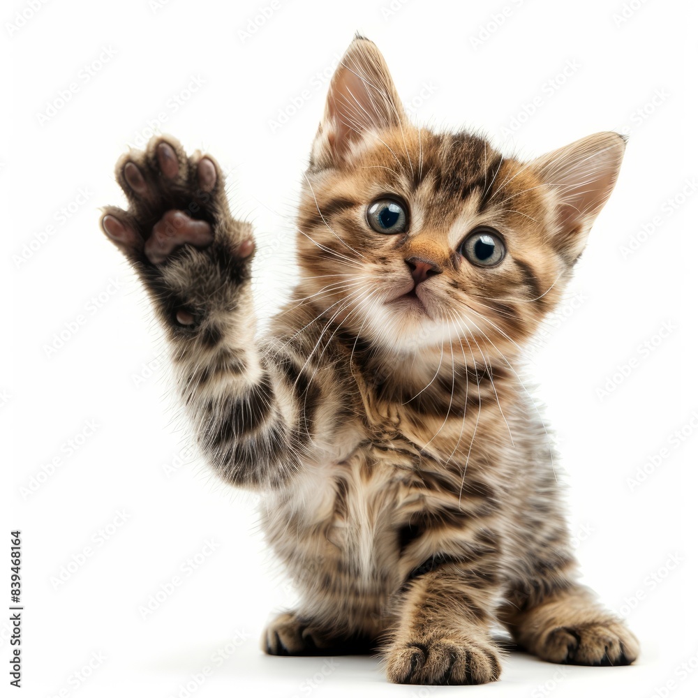 Obraz premium Tabby Kitten with paw, lifted it isolated on white