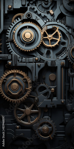 Abstract background with gear and watch parts, black and silver color scheme, metallic texture, detailed closeup of the mechanical elements