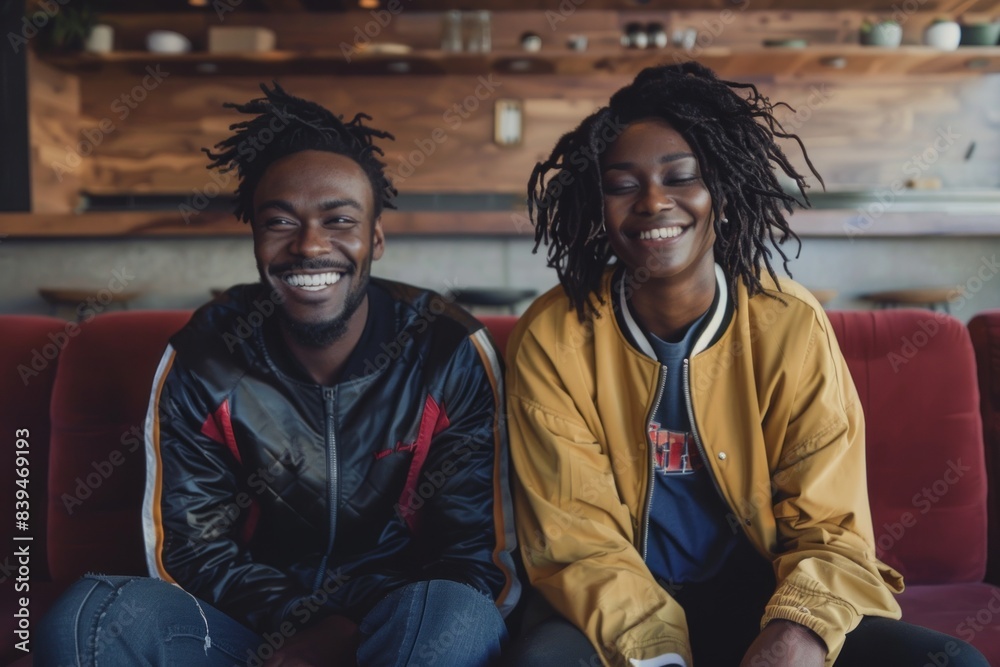 Portrait of a jovial multicultural couple in their 30s sporting a stylish varsity jacket isolated on modern minimalist interior Portrait of a jovial multicultural couple in their 30s sporting a stylish varsity jacket isolated on modern minimalist interior