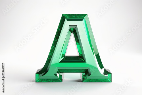 green, faceted letter 'A' resembling an emerald, standing out against a light background. The crystal-like structure gives it a shiny, luxurious appearance