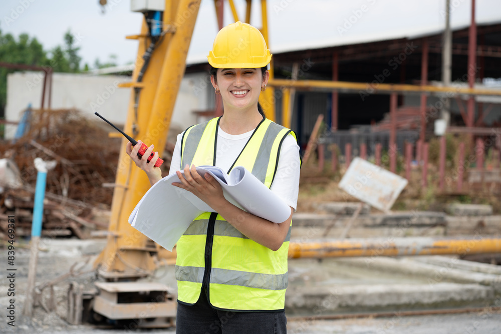 Portrait Hispanic latin engineer woman use paper work checking precast cement at precast cement outdoor factory Portrait Hispanic latin engineer woman use paper work checking precast cement at precast cement outdoor factory