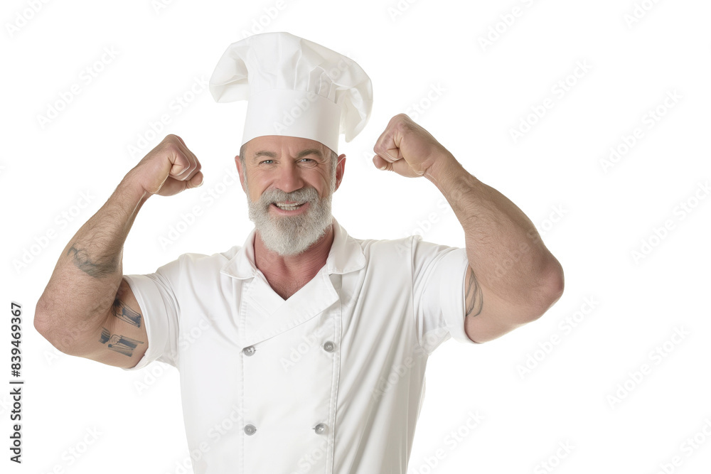Smiling Muscular Caucasian Chef Flexing in a White Uniform Smiling Muscular Caucasian Chef Flexing in a White Uniform
