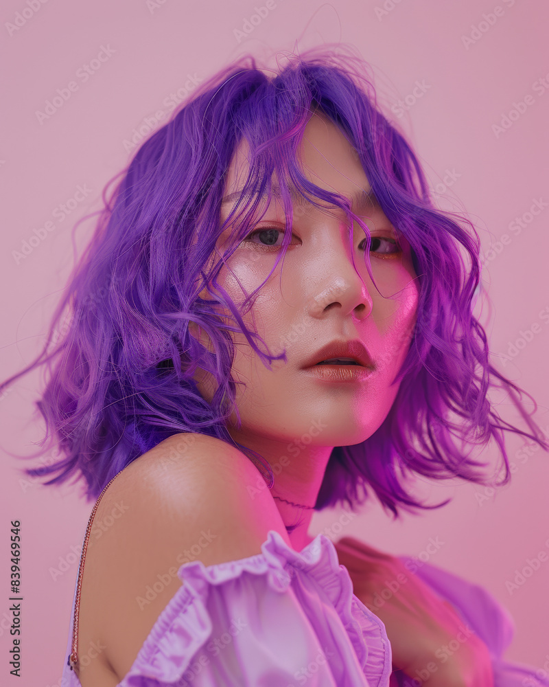 Transgender woman bright purple hair, posing confidently against soft pink studio background Transgender woman bright purple hair, posing confidently against soft pink studio background
