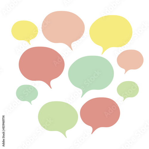Set of color speech bubbles. Cartoon Vector illustration. Isolated on transparent white background. Hand draw style, dialog clouds