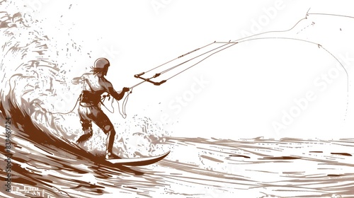 Minimalist One-Line Sketch of Kite Surfer Riding Wave
