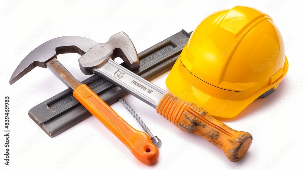 Close-up of construction tools, including a hammer, pliers, and a safety helmet Close-up of construction tools, including a hammer, pliers, and a safety helmet