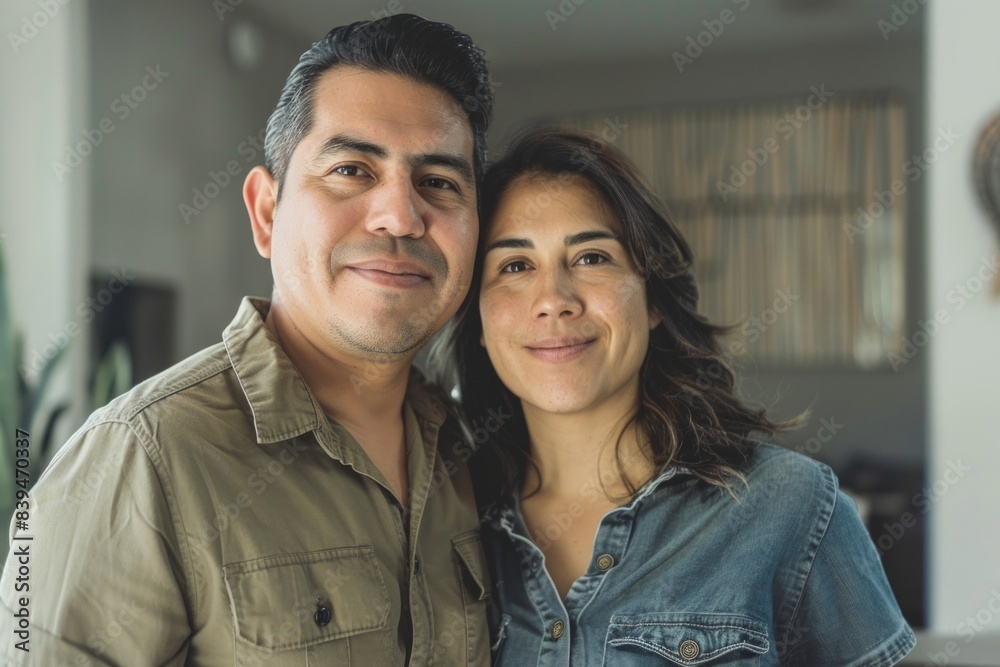 Portrait of a satisfied latino couple in their 30s sporting a vented fishing shirt on modern minimalist interior