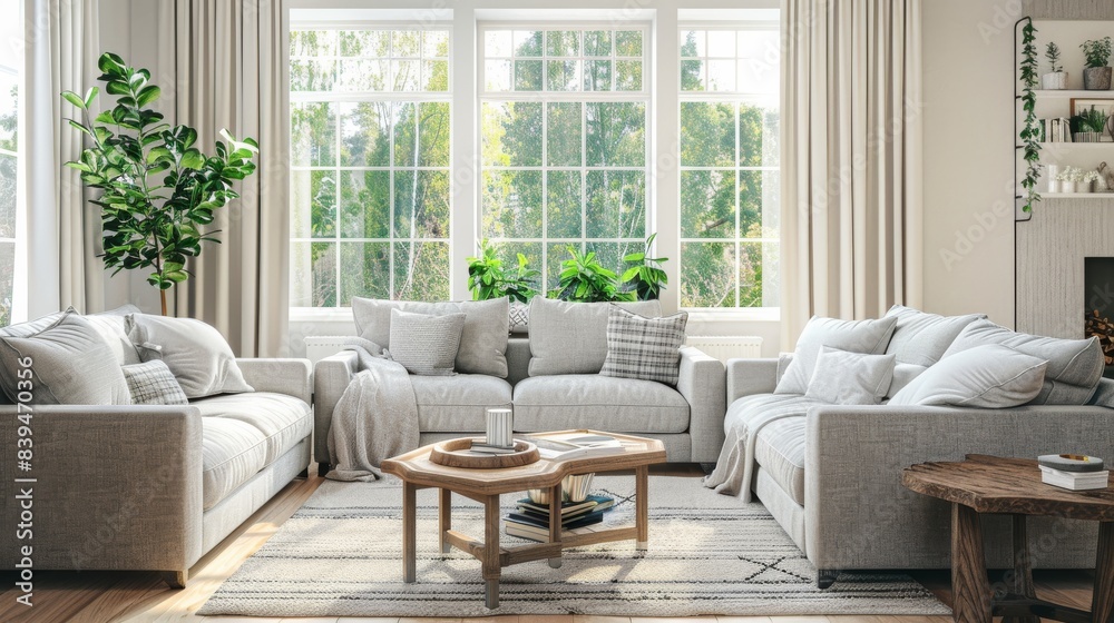 Interior of light living room with grey sofas, coffee table and large window Interior of light living room with grey sofas, coffee table and large window
