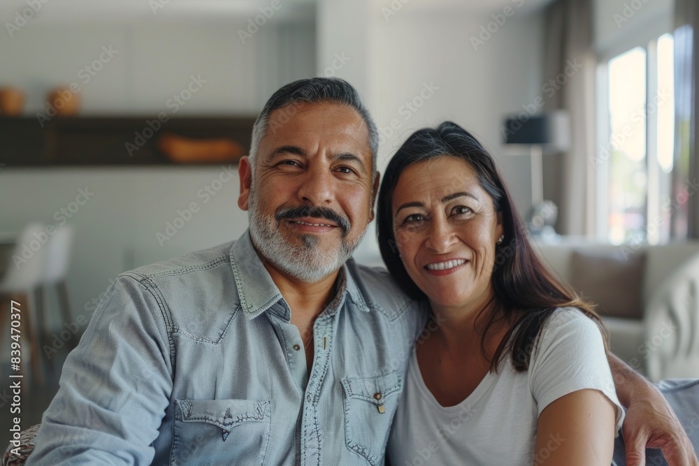 Portrait of a satisfied latino couple in their 30s sporting a vented fishing shirt in modern minimalist interior Portrait of a satisfied latino couple in their 30s sporting a vented fishing shirt in modern minimalist interior