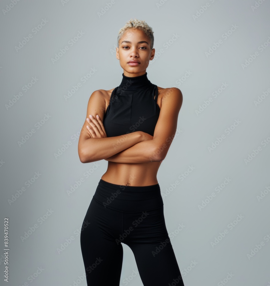 Attractive black woman with a fashionable hairstyle in stylish sportswear. Fashion and beauty, active lifestyle and sports. Attractive black woman with a fashionable hairstyle in stylish sportswear. Fashion and beauty, active lifestyle and sports.