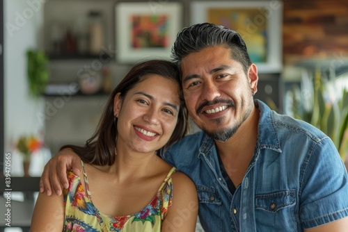 Portrait of a satisfied latino couple in their 30s sporting a vented fishing shirt over modern minimalist interior