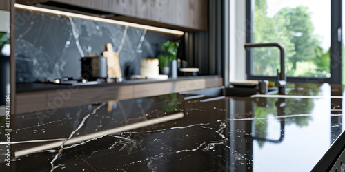 A 3D rendering shows a black marble countertop in a modern kitchen interior with a window in the background.