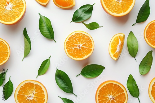 Multiple oranges and leaves on a white table