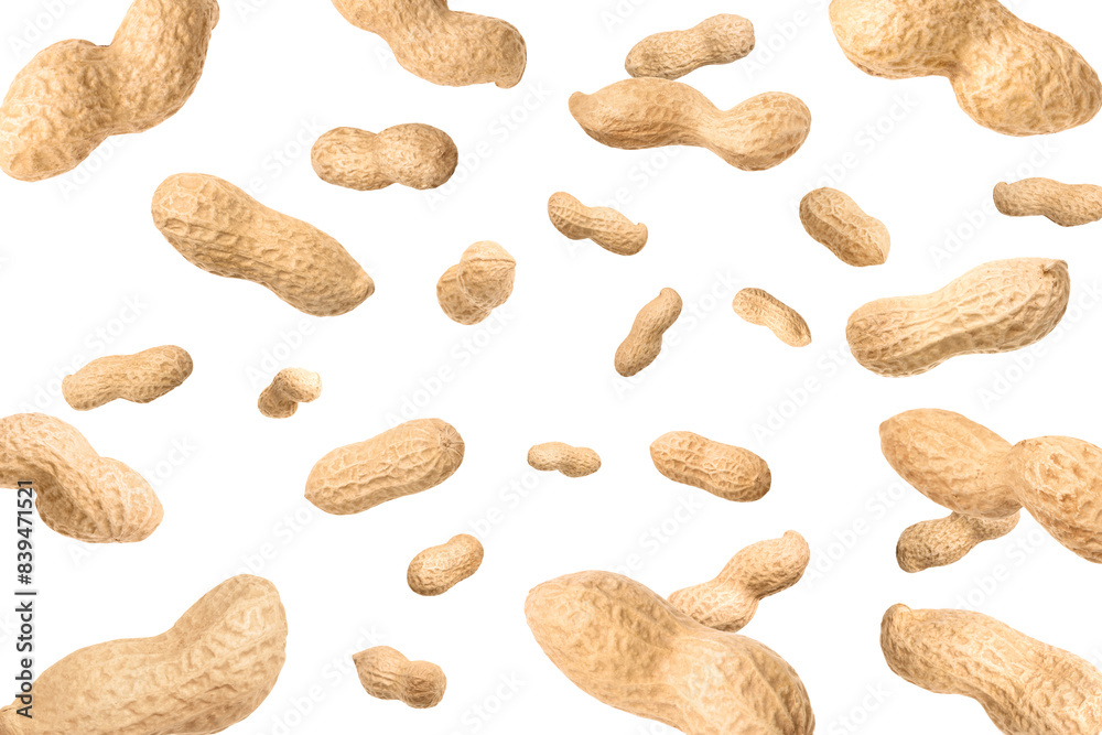 Unpeeled peanuts in air on white background Unpeeled peanuts in air on white background