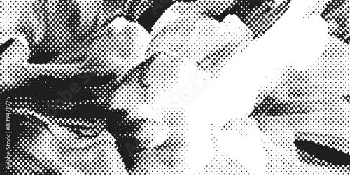 Halftone faded gradient texture. Grunge halftone grit background. White and black sand noise wallpaper. Retro pixilated vector backdrop