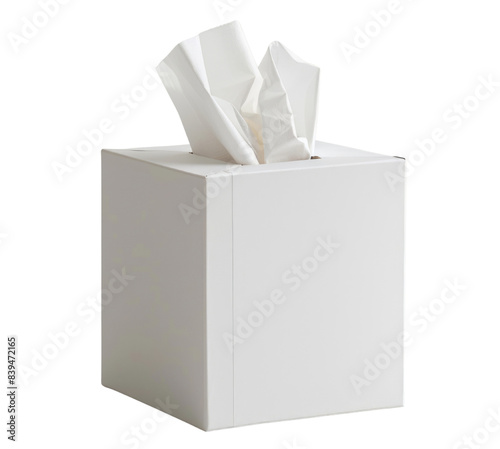 A white tissue box with a single sheet inside is isolated on a transparent background, showing its full height and texture.