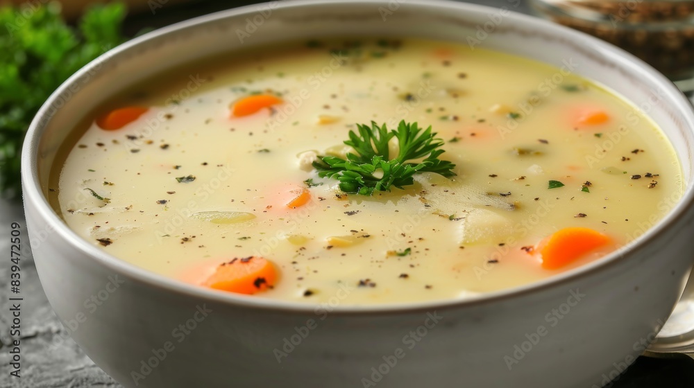Indulge in the delight of nourishing fish soup served in an exquisitely crafted bowl Indulge in the delight of nourishing fish soup served in an exquisitely crafted bowl